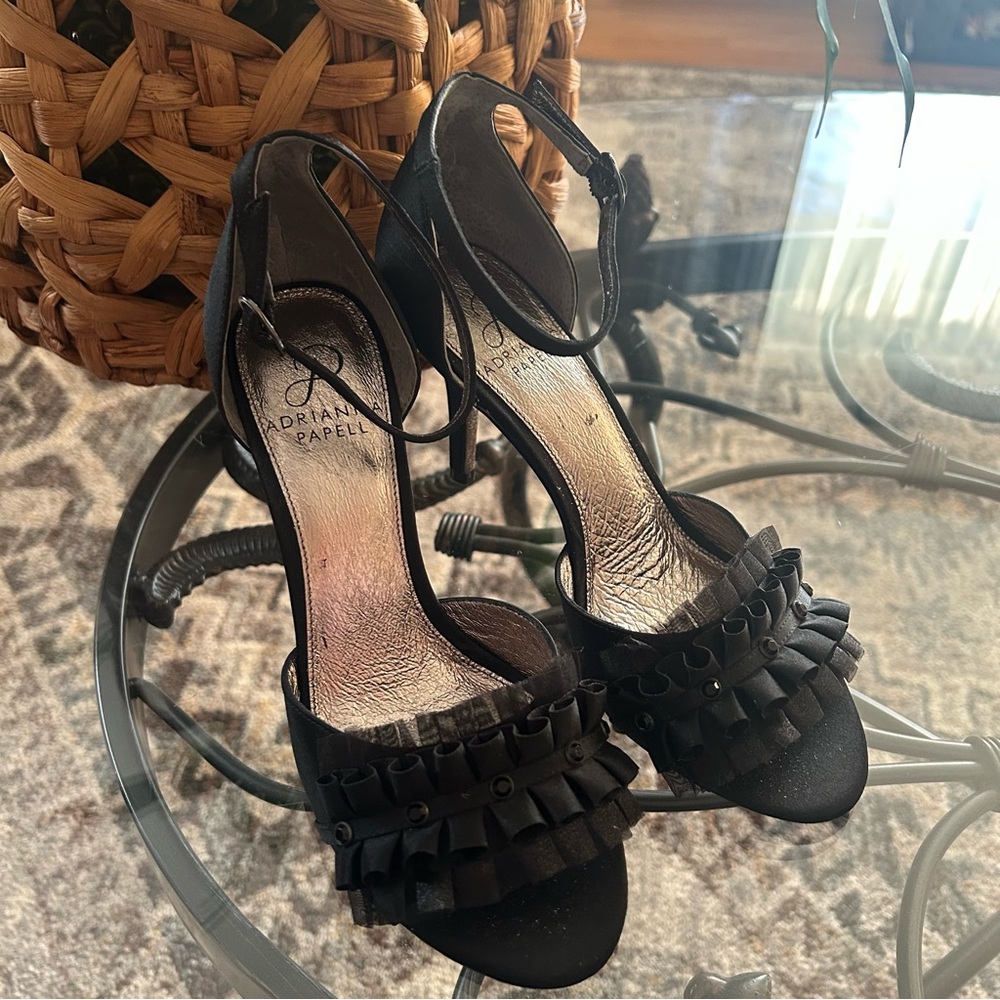 Adrianna Papell Black Satin Peep-toe Ankle Strap Heels with Beaded Ruffles - Picture 2 of 7